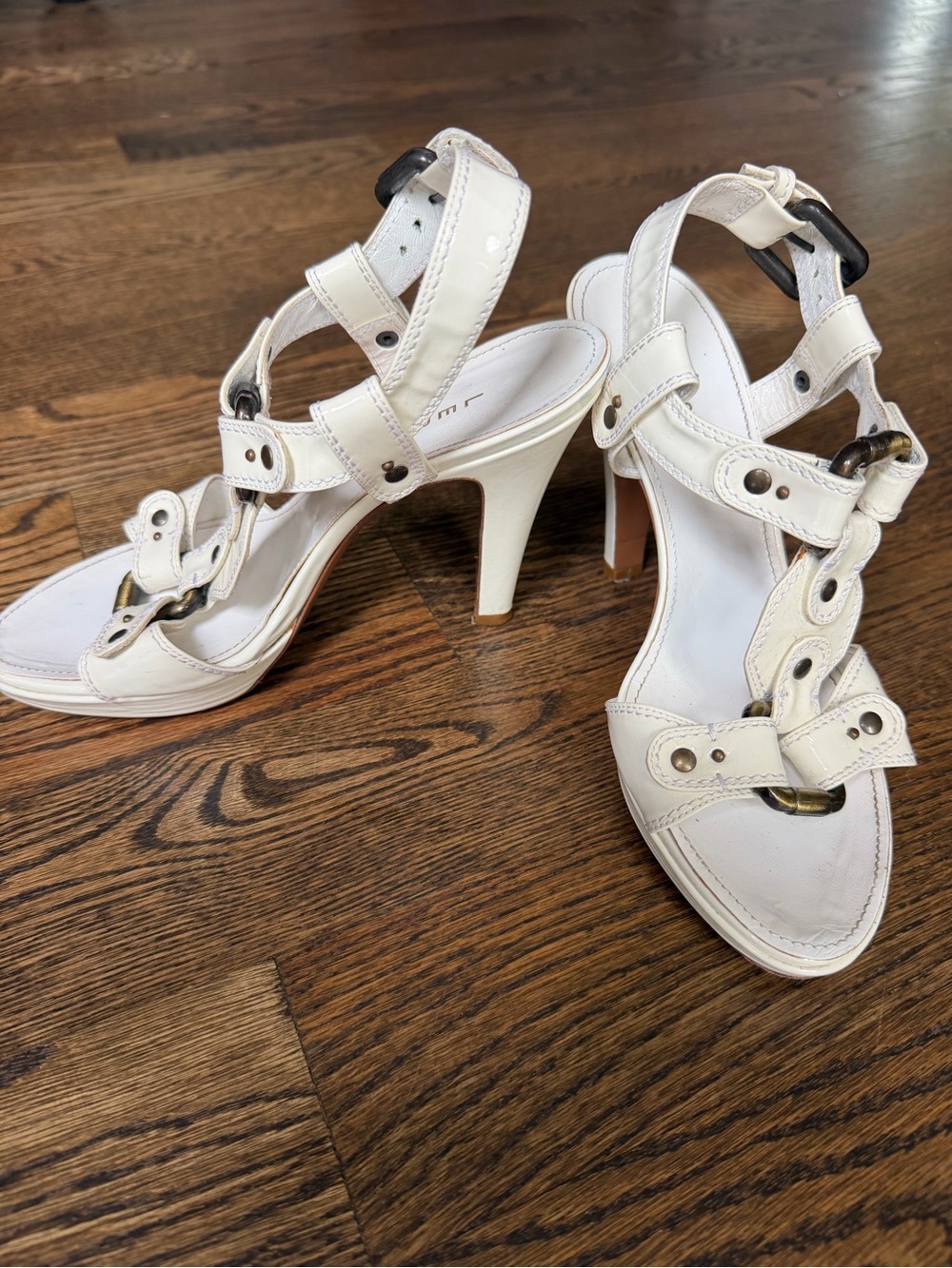 LERRE White Ivory Strappy High Heel Sandals with Buckle Accents Platform Sz 37